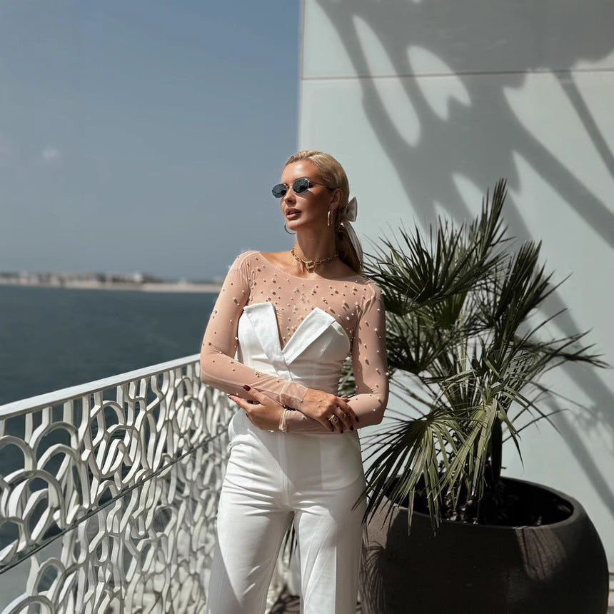 Damen eleganter Jumpsuit mit transparenten Ärmeln und Perlenverzierung Drune