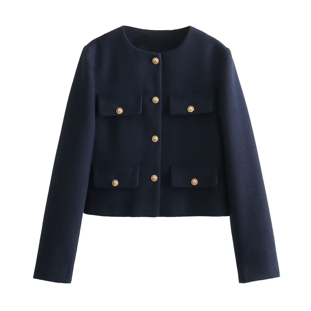 Damen Bouclé-Cropped-Jacke mit vier Pattentaschen und goldenen Schmuckknöpfen Drune