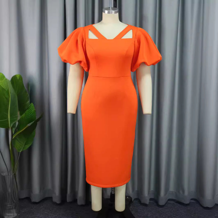 Damen Figurbetontes Kleid mit voluminösen Puffärmeln und innovativem Ausschnitt Drune