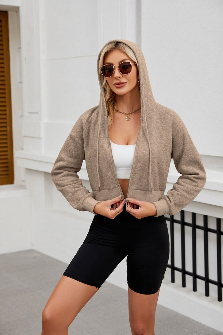 Damen Kurze Zip‑Hoodie Jacke mit Kapuze, Gummibund und Rippbündchen Drune