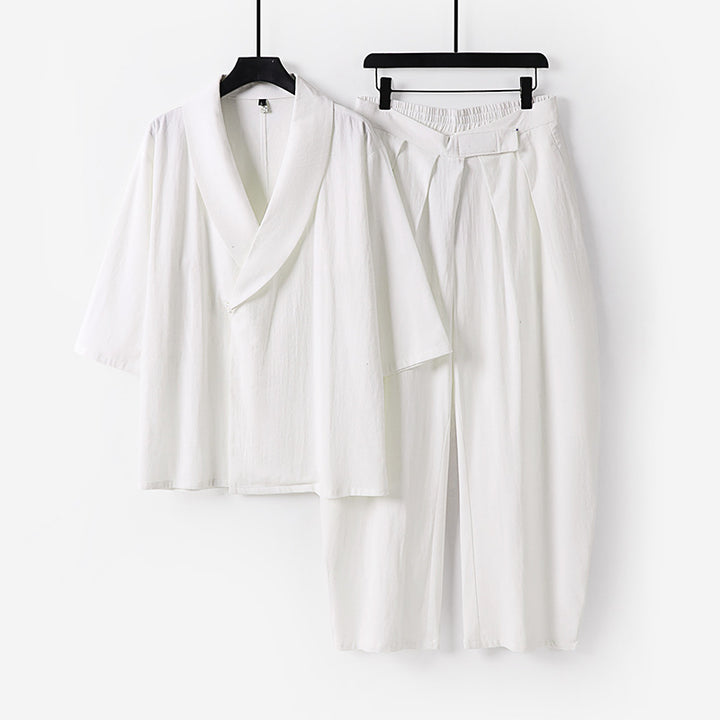 Damen Zweiteiliges Kimono-Loungewear-Set mit Schalkragen Kurzarm-Oberteil und hochtaillierter Plissee-Hose Drune