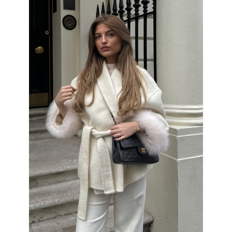 Damen Fuzzi-Robenjacke mit elegantem Gürtel und luxuriösen Ärmeln aus Plüsch Drune