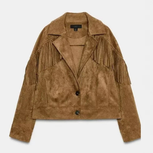 Damen Cropped Velours-Fransenjacke mit Reverskragen Drune