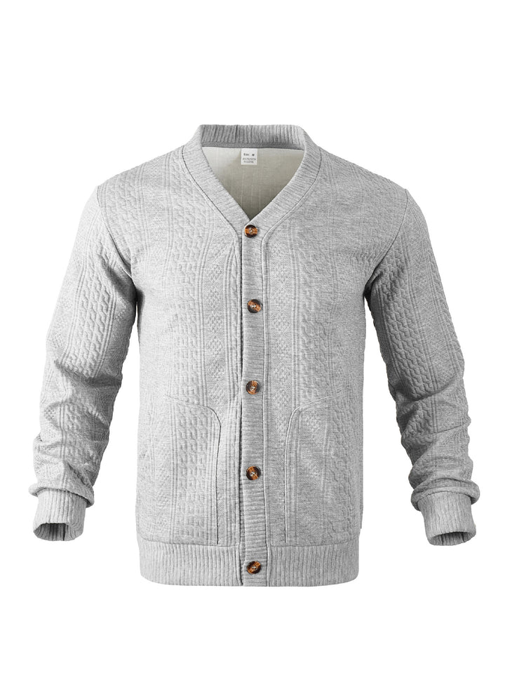 Herren nan eleganter Zopfstrickcardigan mit V-Ausschnitt Knopfleiste und aufgesetzten Taschen Drune