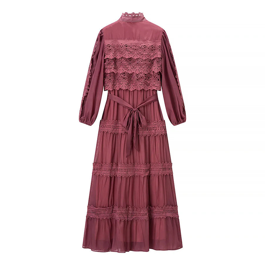 Damen nan romantisches Maxikleid mit Stehkragen, Knopfleiste und gehäkelten Spitzeneinsätzen Drune