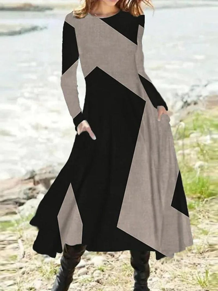 Damen nan geometrisches Maxikleid mit langen Ärmeln, A-Linien-Schnitt und seitlichen Eingrifftaschen Drune