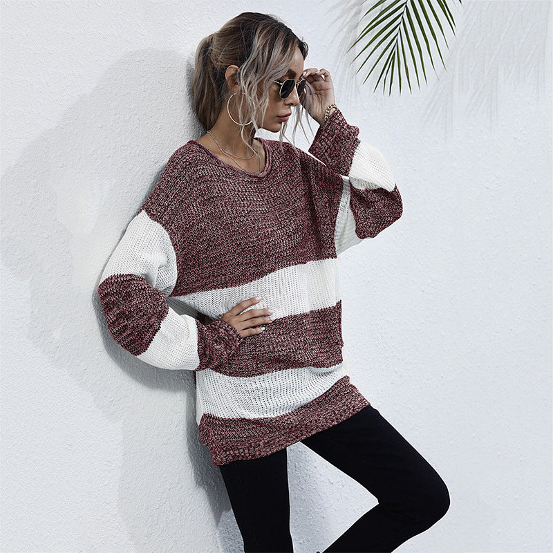Damen Langer Oversize-Strickpullover mit breiten Blockstreifen und überschnittener Schulter Drune