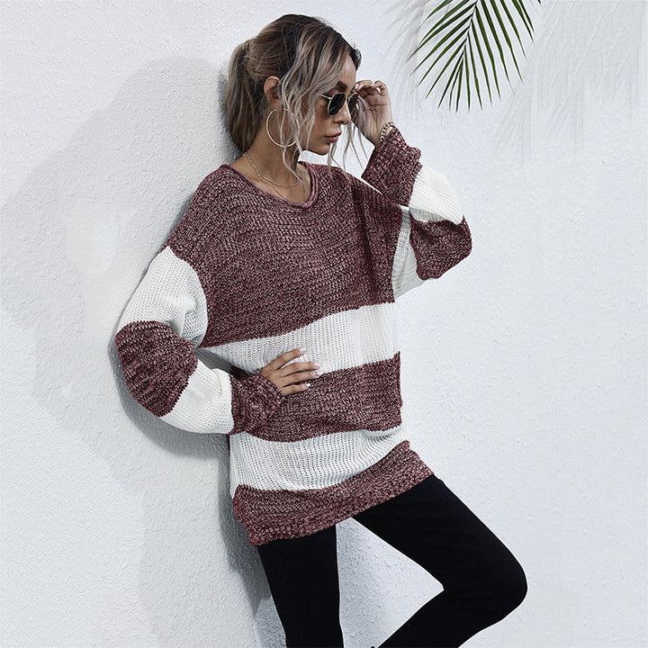 Damen Langer Oversize-Strickpullover mit breiten Blockstreifen und überschnittener Schulter Drune