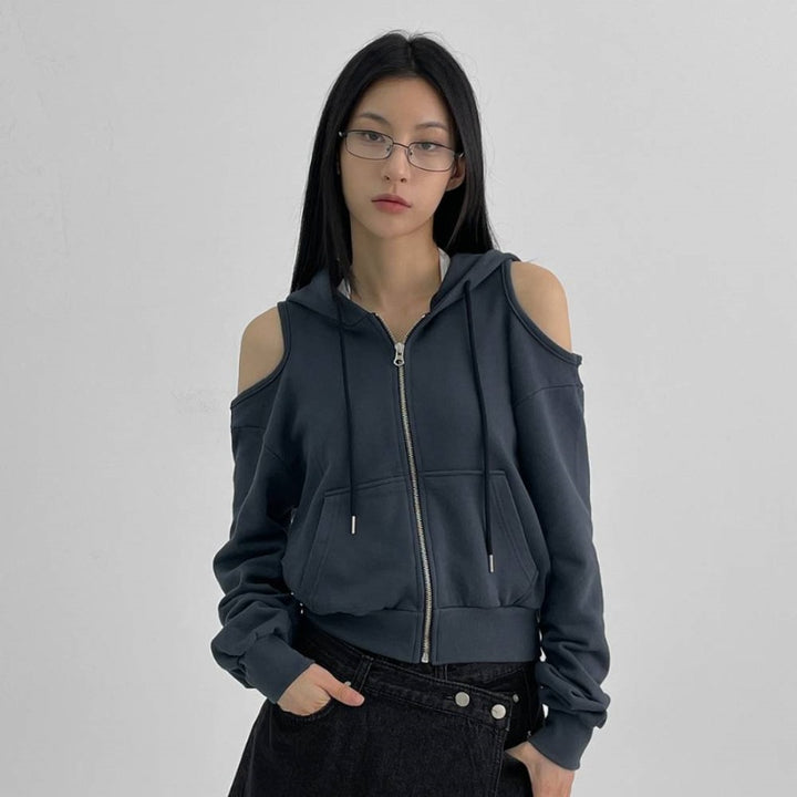 Damen modischer cropped Kapuzenpullover mit Cut-Out-Ärmeln Drune