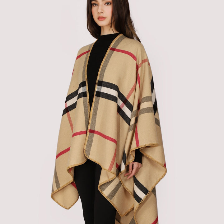 Damen Karierter Wollmix‑Poncho im Oversize‑Cape‑Schnitt mit Zierstichkante Drune