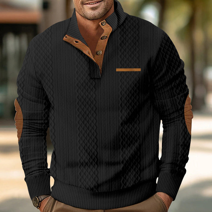 Herren nan strukturierter Stehkragen-Pullover mit halber Knopfleiste und Ellbogen-Patches Drune