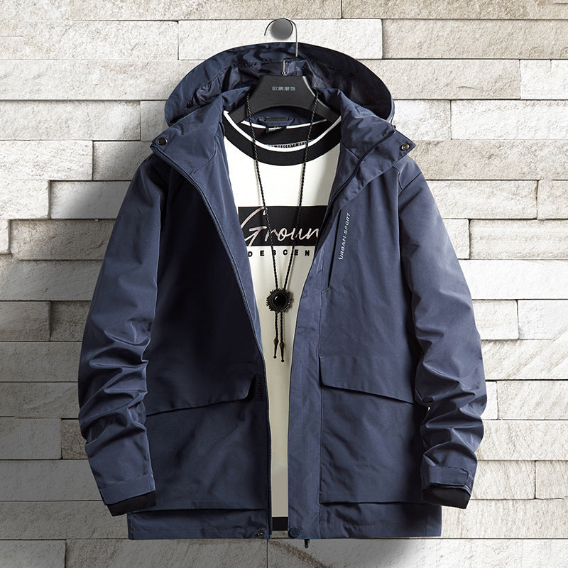 Herren wasserdichte Stadt-Outdoorjacke mit Kapuze, verdecktem Reißverschluss und Cargo-Taschen Drune
