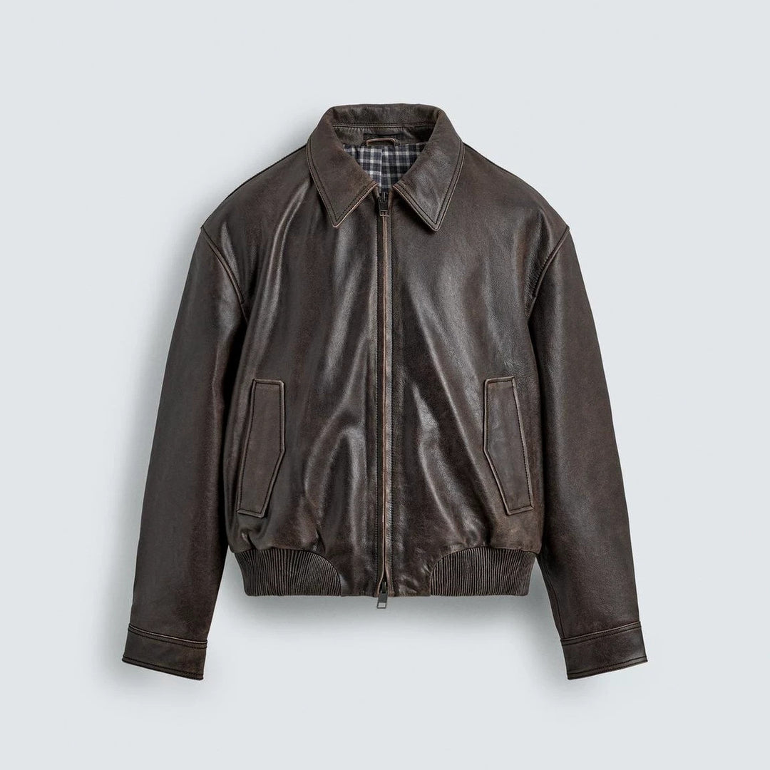 Herren Lederjacke im Vintage-Fliegerblouson‑Stil mit Karofutter Drune