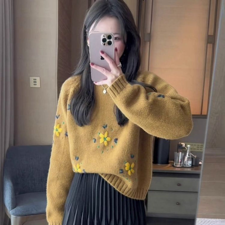 Damen Strickpullover mit floralen Applikationen Drune