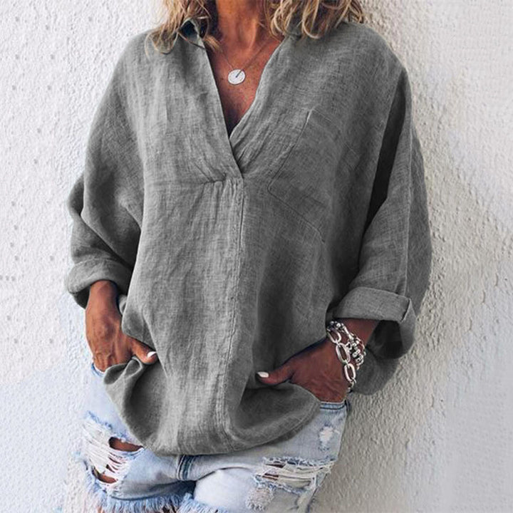 Damen Leinen Tunika Oversize mit V-Ausschnitt Brusttasche und hochrollbaren Ärmeln Drune