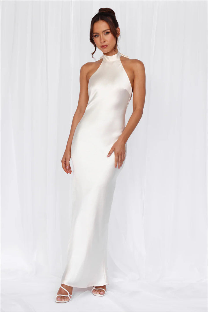 Damen Elegantes Satin-Maxikleid mit hohem Kragen und körpernahem Schnitt Drune