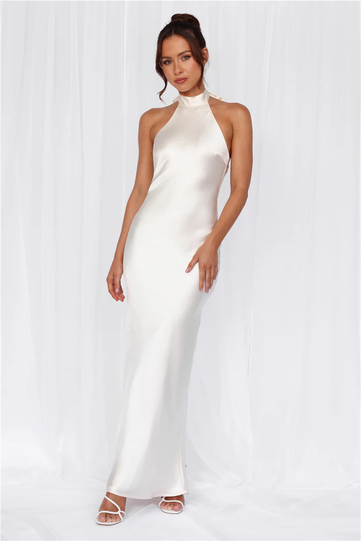 Damen Elegantes Satin-Maxikleid mit hohem Kragen und körpernahem Schnitt Drune