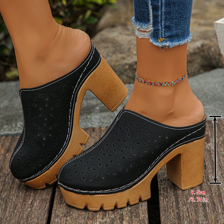 Damen Offene Clogs mit floralem Cut-Out Design und klobigem Absatz Drune