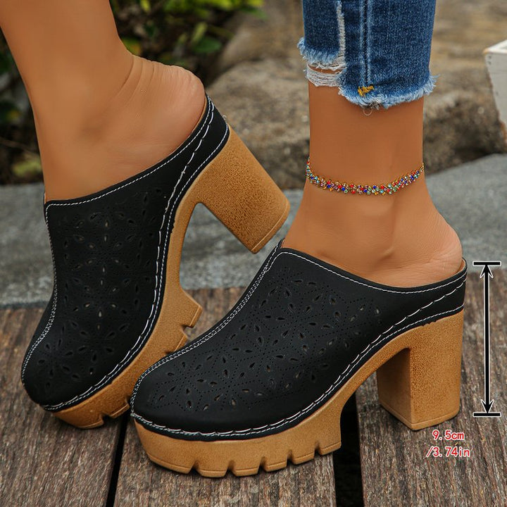 Damen Offene Clogs mit floralem Cut-Out Design und klobigem Absatz Drune