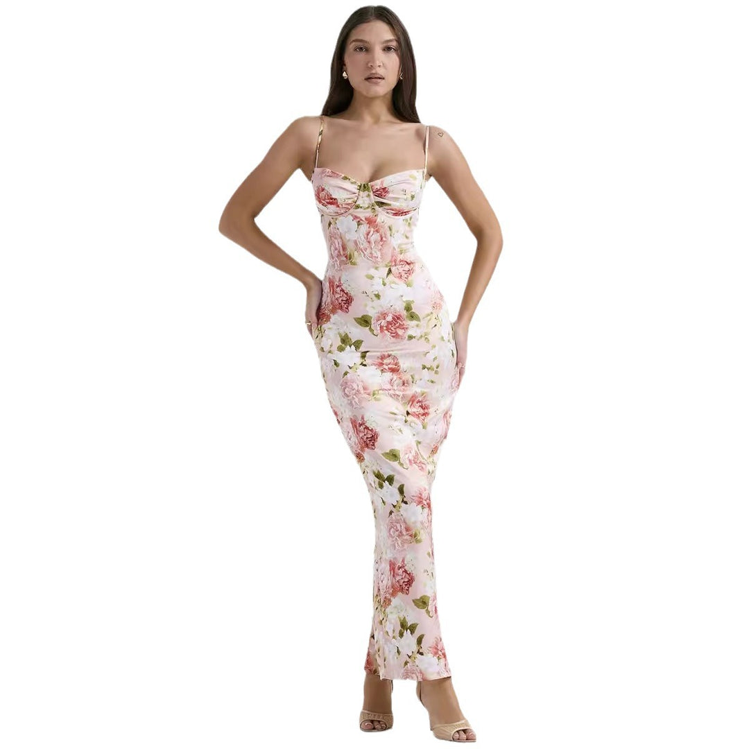 Damen Körperbetontes Maxikleid mit floralen Akzenten und verstellbaren Spaghettiträgern Drune