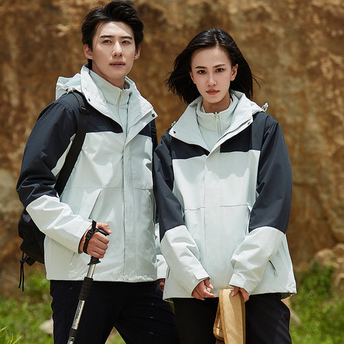 Unisex zweilagige wasserabweisende Outdoorjacke mit Kapuze und Colorblock-Design Drune