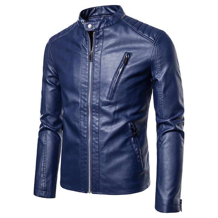 Herren Slim-Fit Kunstleder-Motorradblouson mit gesteppter Schulterpartie und hochgeschlossenem Stehkragen Drune