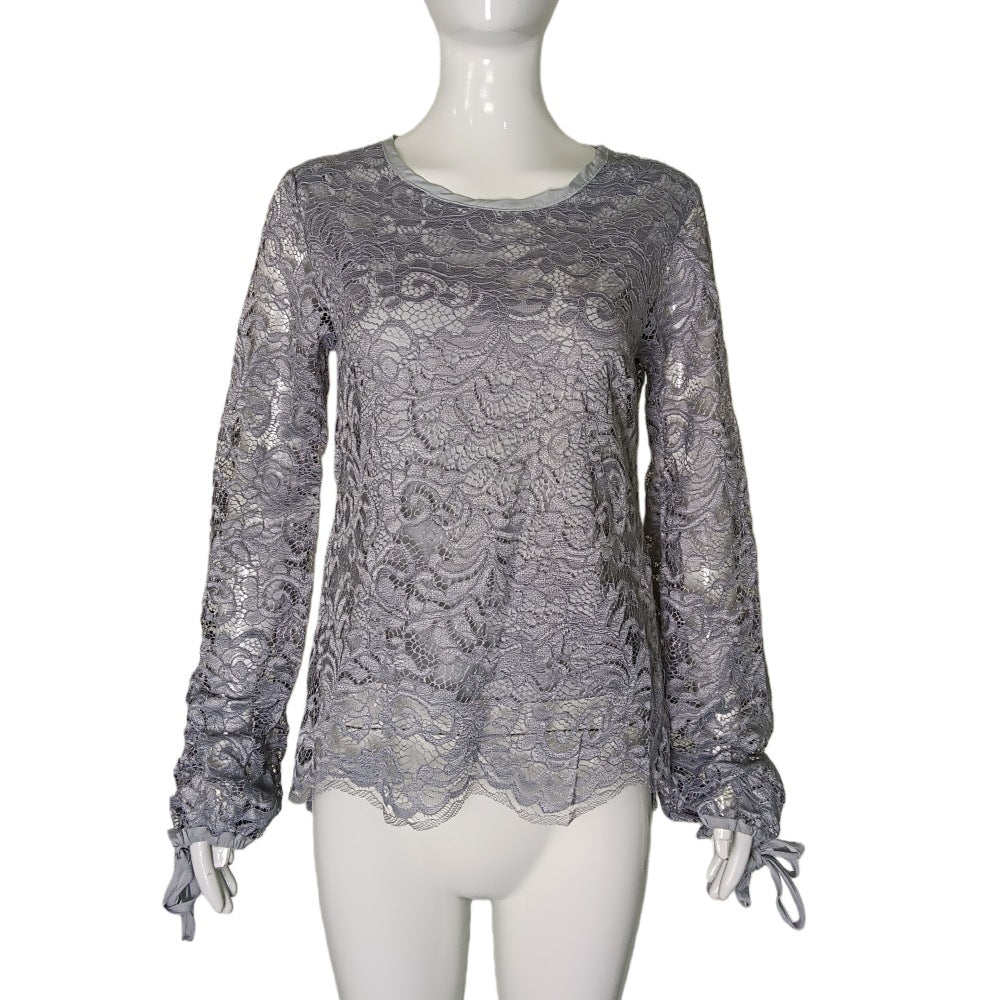 Damen Spitzenbluse mit durchgehendem Spitzen-Overlay, Rundhalsausschnitt und Schleifenärmeln Drune