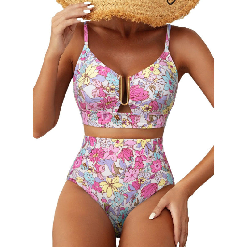 Damen Hoch geschnittener Bikini mit floralem Muster und Leo-Print Drune