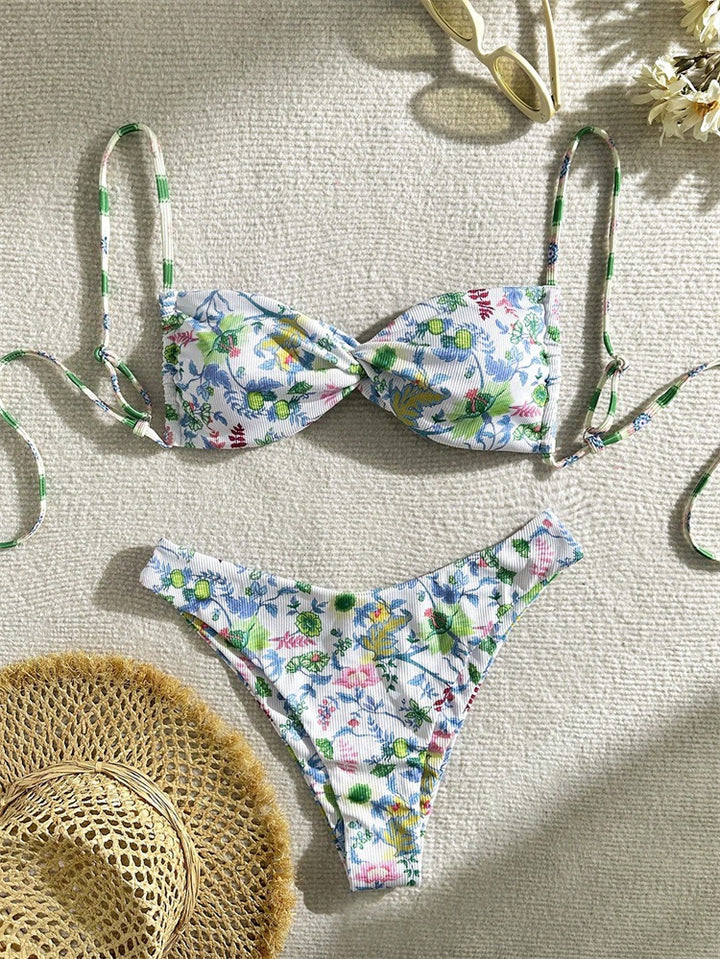 Damen Floral gefütterter Bikini mit herausnehmbarem Push-up und verstellbaren Schnüren Drune