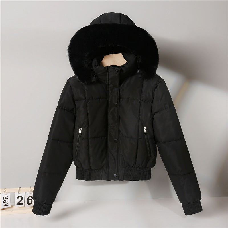 Damen nan kurzer isolierender Kapuzenblouson mit voluminöser Pelzkragenblende und elastischem Rippsaum Drune
