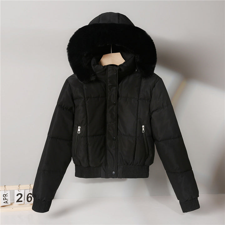 Damen nan kurzer isolierender Kapuzenblouson mit voluminöser Pelzkragenblende und elastischem Rippsaum Drune