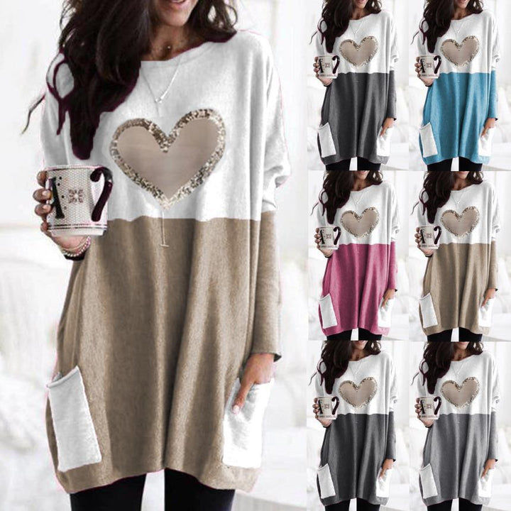 Damen Oversized Lange Pullover Tunika mit Pailletten-Herz und aufgesetzten Taschen Drune