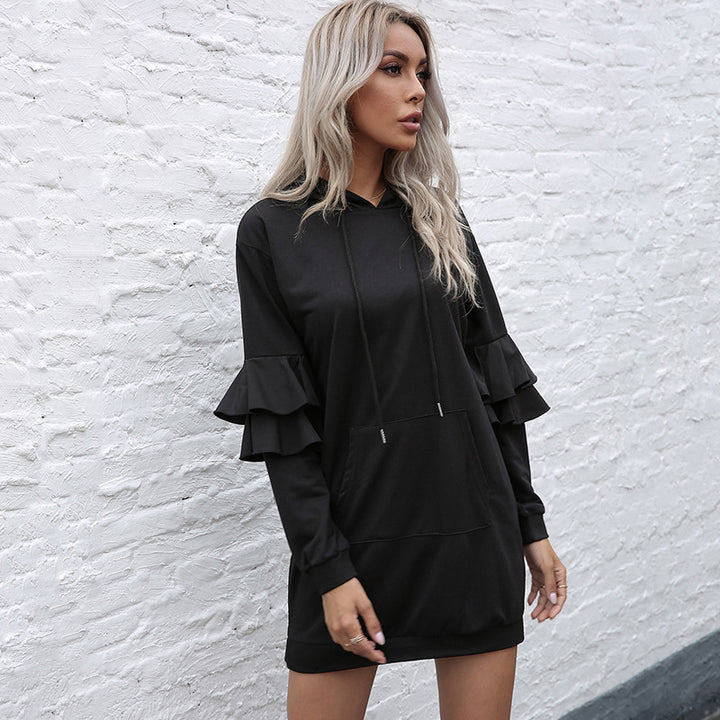 Damen Oversize-Kapuzenkleid mit zweistufigen Volantärmeln und Eingrifftasche Drune