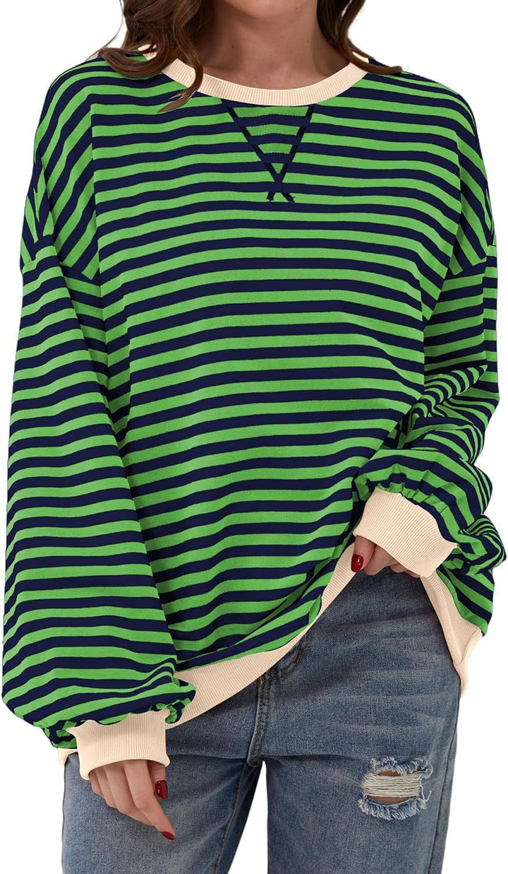 Damen Cozy Übergroßer Gestreifter Pullover Sweatshirt Drune
