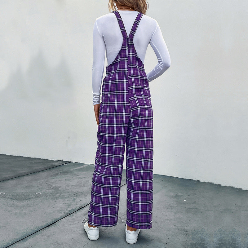 Damen Lässiger Karierter Jumpsuit mit breitem Bein und verstellbaren Trägern Drune