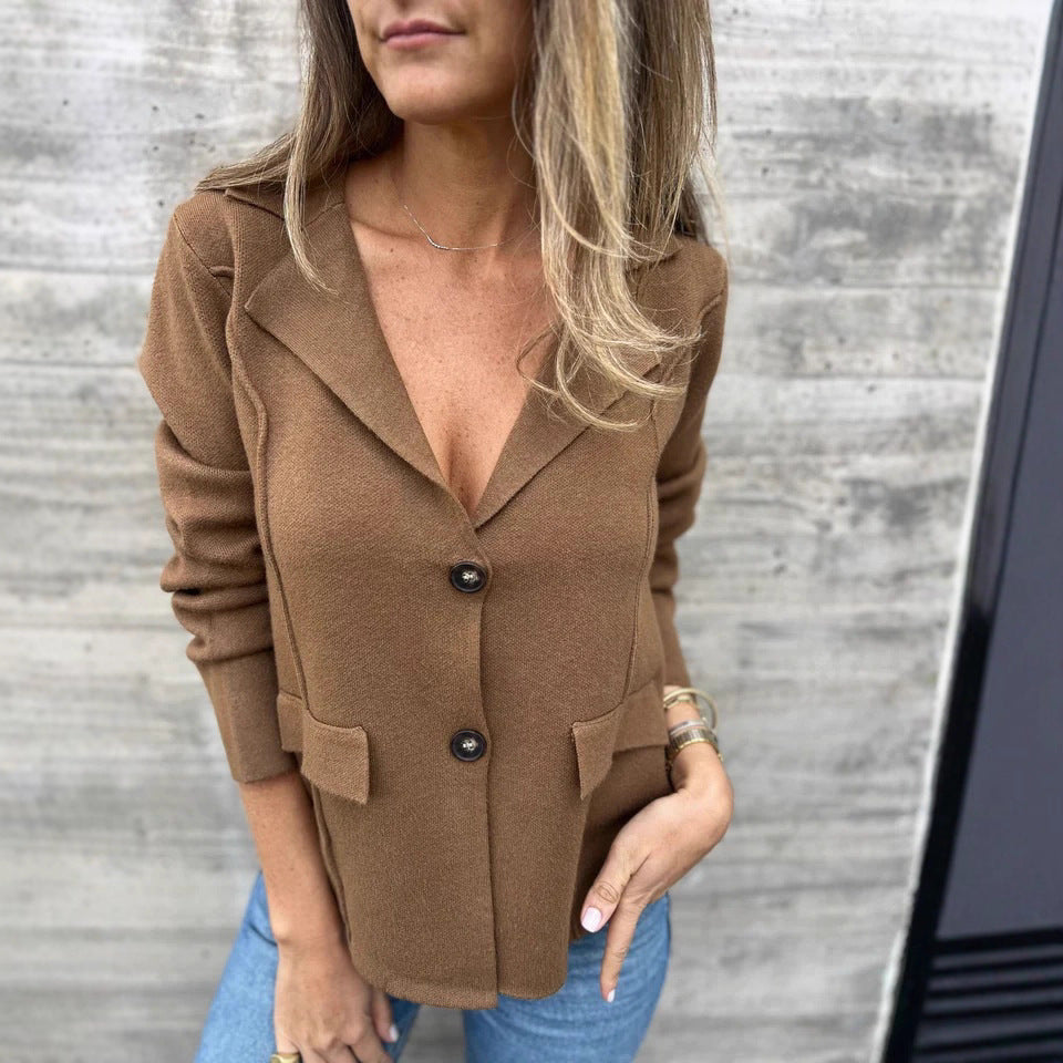 Damen Elegante Strickjacke mit Reverskragen und Taschen Drune