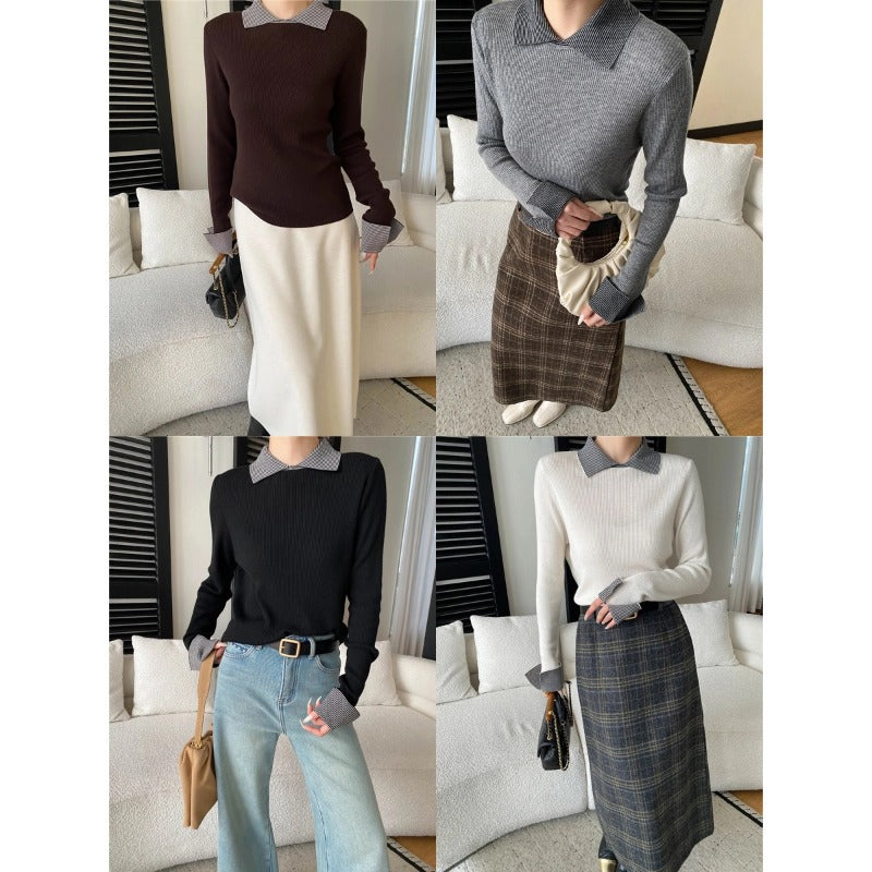 Damen gestreifter Pullover mit klassischem Kragen und eleganter Rippstruktur Drune