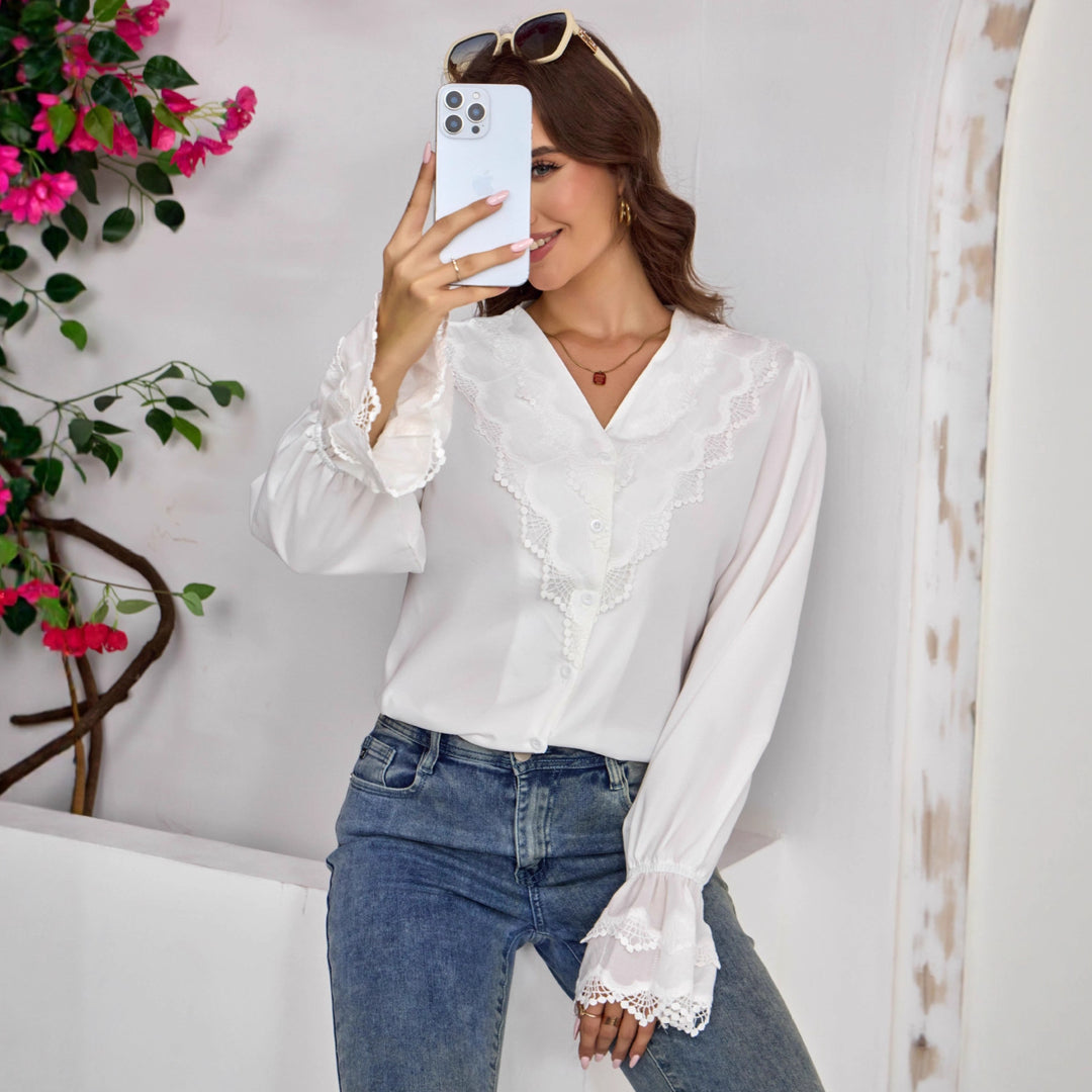Damen Romantische Bluse mit V-Ausschnitt, Spitzen-Yoke und Glockenärmeln Drune