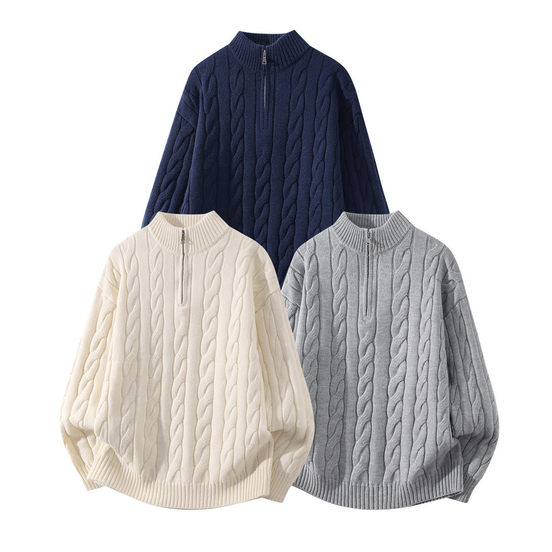Damen Oversize Zopfmuster-Halbreißverschluss-Pullover mit Ballonärmeln und Stehkragen Drune