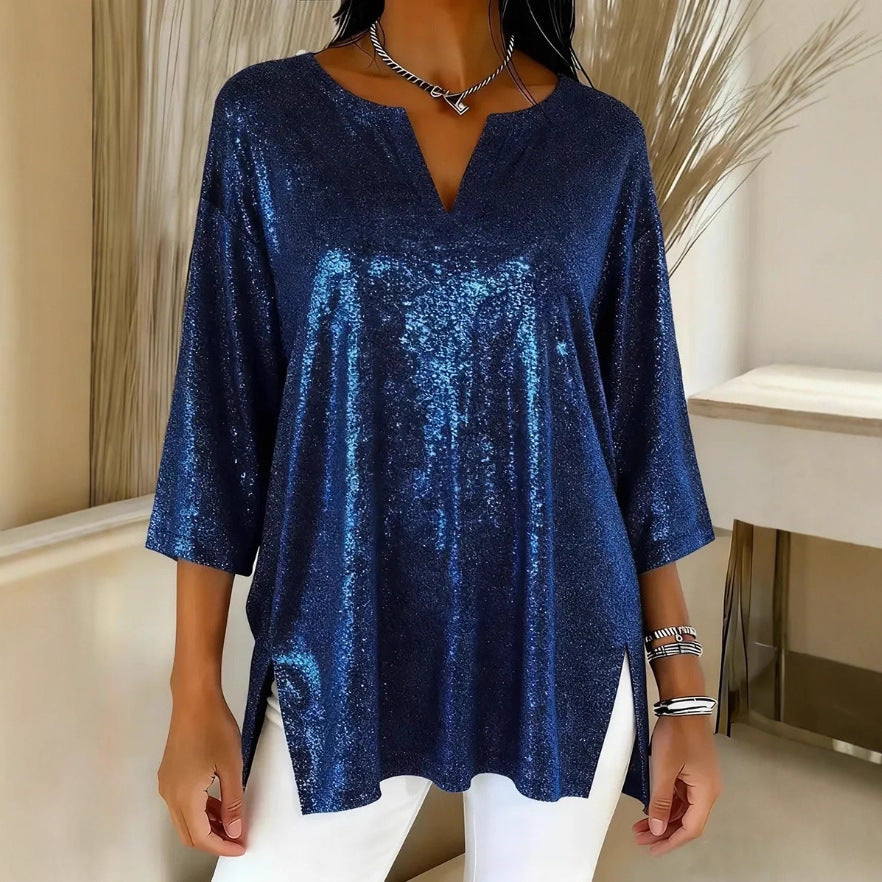 Damen Glitzerndes Oversize-Longshirt mit V-Ausschnitt und seitlichen Schlitzen Drune