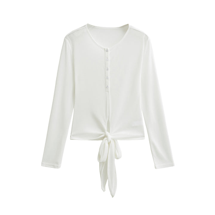 Damen Langarm-Henley-Top mit Knotenfront und Knopfleiste Drune