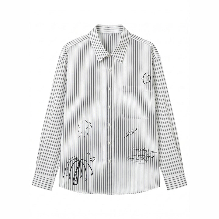 Damen Oversize-Hemdbluse aus Baumwollmix mit Nadelstreifen, Brusttasche und Doodle-Print Drune