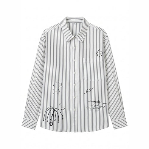 Damen Oversize-Hemdbluse aus Baumwollmix mit Nadelstreifen, Brusttasche und Doodle-Print Drune
