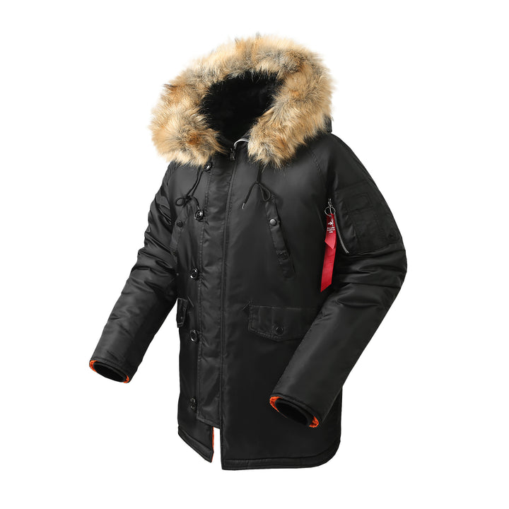Herren langer thermoisolierter Parka mit Kunstfellkapuze und Utility‑Taschen Drune