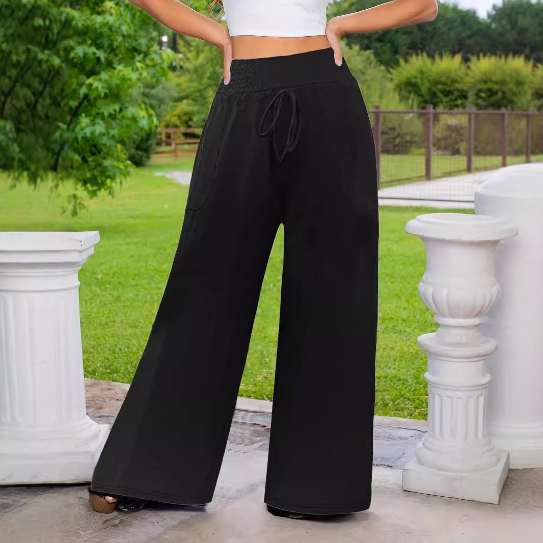 Damen Weite Leinenoptik‑Palazzohose mit hohem Smokbund, Kordelzug und Seitentaschen Drune