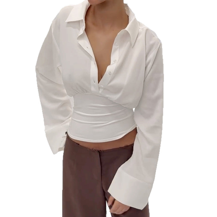 Damen nan taillierte Cropped-Bluse mit Hemdkragen und breitem Stretchbund Drune