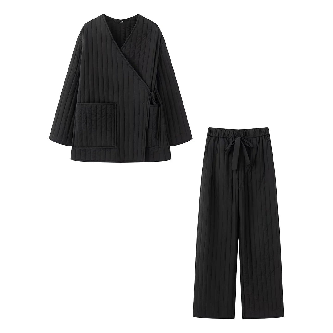 Damen nan gesteppter Kimono-Wickel-Loungewear-Set mit weiter Bundhose Drune