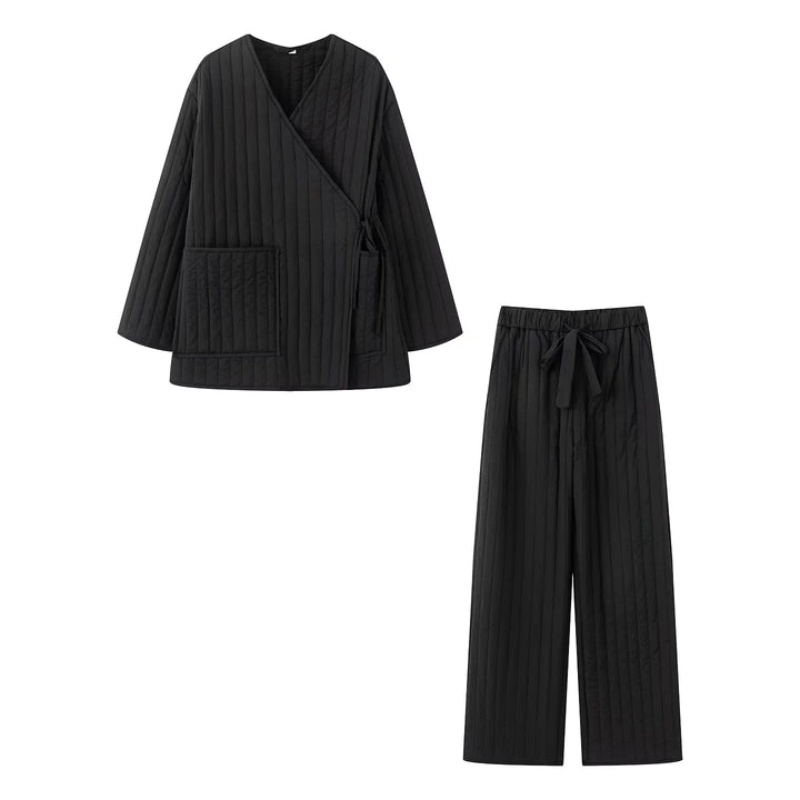 Damen nan gesteppter Kimono-Wickel-Loungewear-Set mit weiter Bundhose Drune