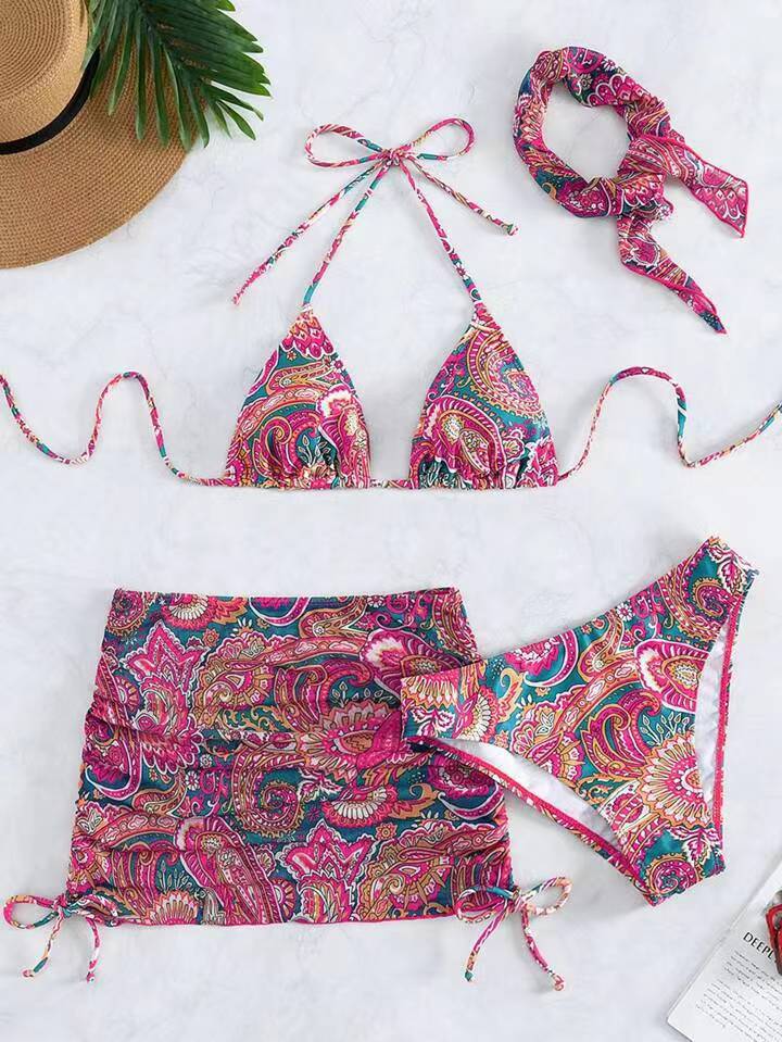 Damen Triangel-Bikini-Set mit elegantem Wickelrock und passendem Haarband Drune