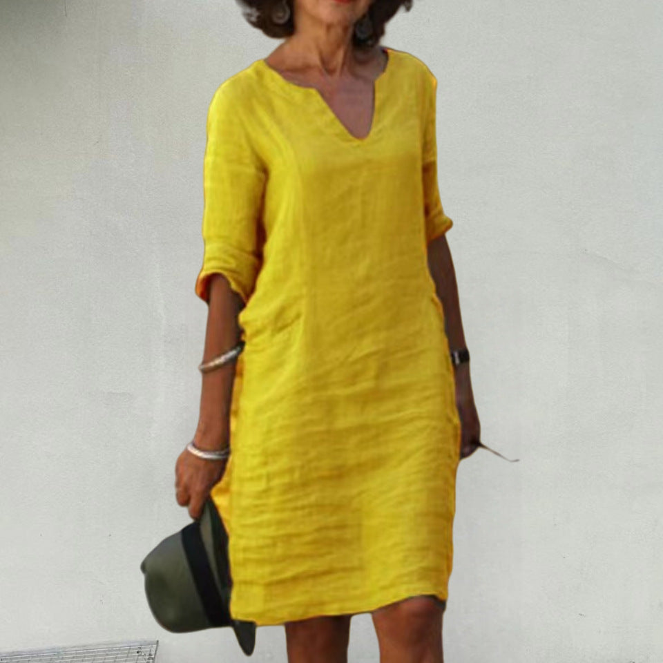 Damen Leichtes Sommerkleid mit eleganter V-Ausschnitt-Front und praktischen Seitentaschen Drune
